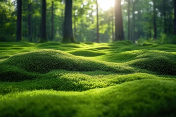 Fototapeta premium serene green field of lush moss and grass under soft sunlight exuding tranquility and peace inviting viewers to immerse in natures calming embrace