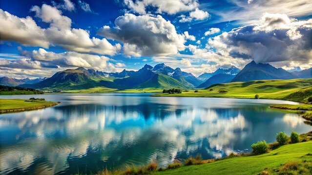 Serene mountain lake with a breathtaking vista of rolling hills and an azure sky adorned with fluffy white clouds, reflecting in the tranquil waters