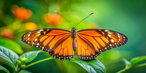 Naklejka premium A vibrant butterfly with orange and black wings rests delicately on a lush green leaf, showcasing the intricate details of its natural beauty.