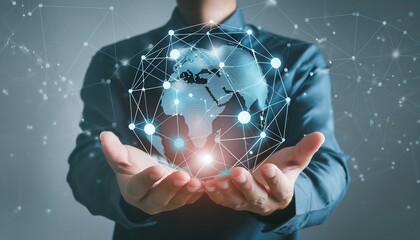 Concept de mondialisation, d'affaires mondiales avec un homme d'affaires qui tient dans ses mains un globe  plein de connexions