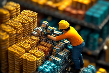 Realistic depiction of a retail store employee setting up sale displays, arranging discounted products to attract shoppers during a major promotion