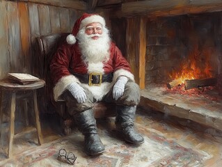 Cozy Santa Claus Relaxing by Rustic Fireplace in Wooden Cabin Setting - Perfect Christmas Holiday Scene for Seasonal Cheer