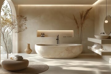 serene minimalist bathroom with freestanding marble bathtub zeninspired interior bathed in soft natural light sleek modern fixtures complementing organic textures and calming neutrals