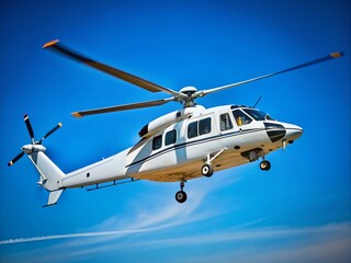 Sleek white hawk helicopter soaring against a clear blue sky, showcasing its powerful design and features