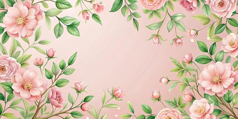 A Delicate Floral Border with Pastel Pink Blossoms and Lush Greenery on a Soft Blush Background