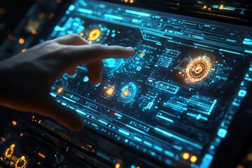 Fototapeta premium Hand interacting with futuristic holographic interface.