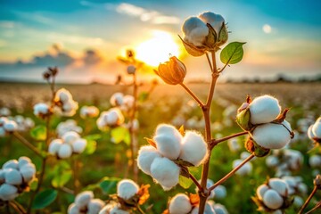 Fototapeta premium Soft and Fluffy Cotton Bolls on Green Stem Surrounded by Natural Light in a Field Setting