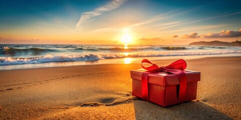 Naklejka premium A solitary gift box on a sandy beach, bathed in the golden glow of a sunrise, symbolizing a new beginning and the promise of joy.