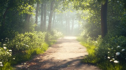 Obraz premium Sun-drenched forest path through leafy trees.