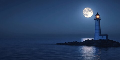 Lighthouse illuminated by moon on calm sea.