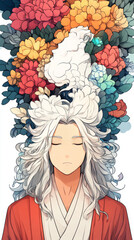 Young man with white hair and closed eyes surrounded by colorful flowers.