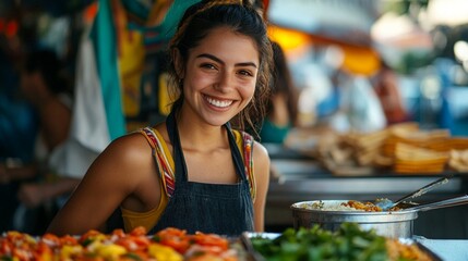  cheerful Hispanic woman stands in front of a buffet, preparing various Mexican street foods at a vibrant market.