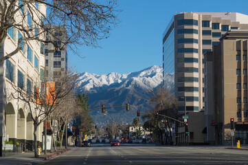 N Lake Avenue, looking north, showing the San Gabriel Mountains snow-capped after intense rainfall...