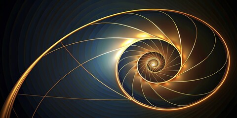 A luminous golden spiral unravels amidst a backdrop of concentric circles, creating a captivating visual narrative of intricate geometry and radiant energy.