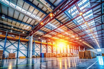 Spacious and Industrial Warehouse Background with High Ceilings and Abundant Natural Light Filters