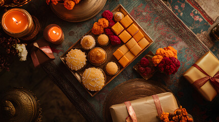 An overhead view of a table set with gifts, sweets, candles, and flowers, all in shades of gold, orange, and red.