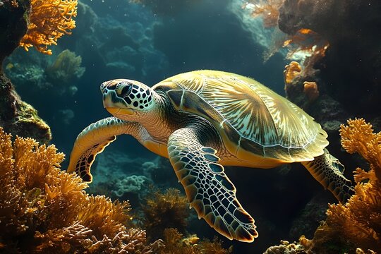 A green sea turtle gracefully glides through the turquoise waters, its shell shimmering in the sunlight as it navigates the vibrant coral reef.