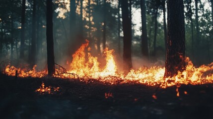 A wildfire burns fiercely through a dense forest, with flames licking at the base of tall trees and smoke billowing upwards.