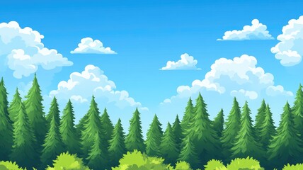 Fototapeta premium Lush Green Evergreen Forest Against a Blue Sky with Fluffy Clouds
