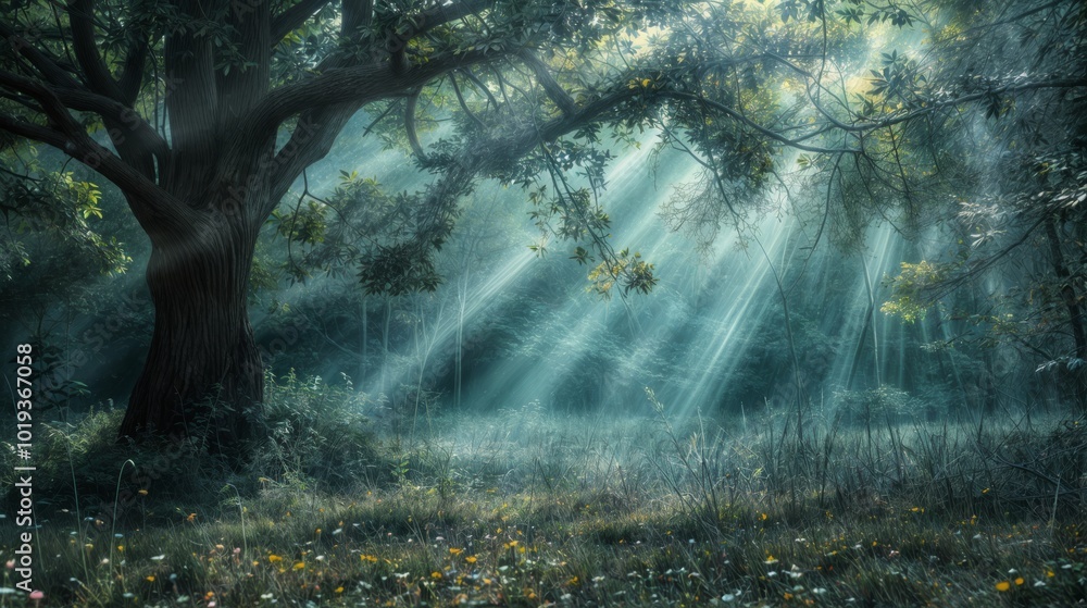 Poster a tranquil forest scene with sunlight streaming through the branches of a large tree, casting soft r
