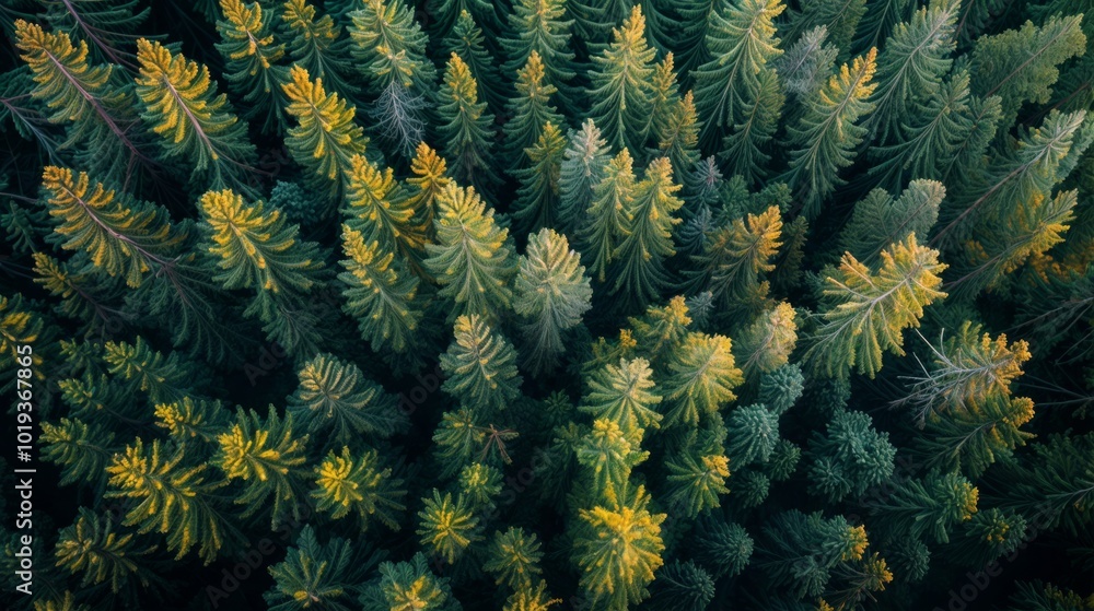 Poster aerial view of a dense evergreen forest with lush green and yellow foliage, creating a natural patte