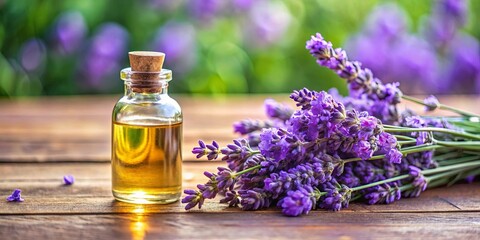 Aromatic Lavender Essence in a Glass Bottle with Delicate Purple Flowers on a Wooden Surface