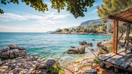 A serene coastal scene featuring a wooden deck, clear blue waters, rocky shoreline, and distant mountains under a bright sky..