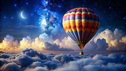 A colorful hot air balloon ascends through a sea of clouds, illuminated by a starry sky and a crescent moon.