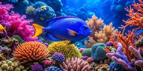 A Vibrant Underwater Ecosystem Featuring A Striking Blue Fish Swimming Amidst A Colorful Coral Reef
