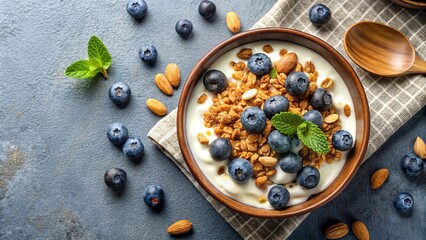A Rustic Bowl Filled with Creamy Yogurt, Crunchy Granola, Sweet Blueberries, and Toasted Almonds, A Delicious and Healthy Breakfast Option