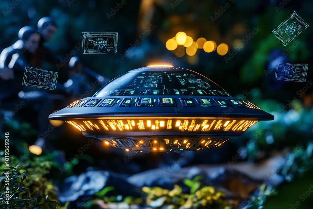 Aufkleber Fantasy scene of a glowing alien device being reverse engineered, with scientists studying its mysterious technology while holographic diagrams float in the air