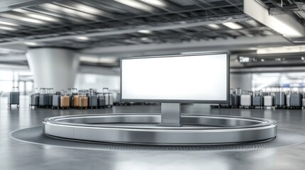 A mock-up of an empty billboard at an airport, surrounded by luggage on a circular walkway with suitcases in the background