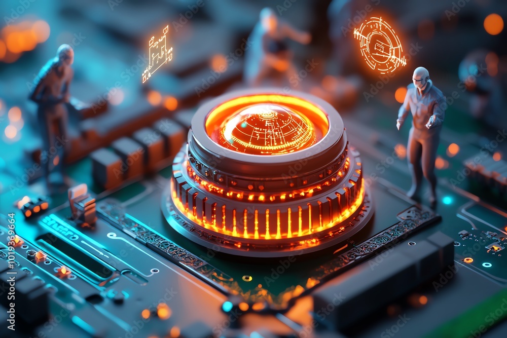 Aufkleber Fantasy scene of a glowing alien device being reverse engineered, with scientists studying its mysterious technology while holographic diagrams float in the air