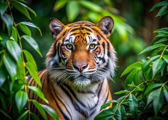 Fototapeta premium Striking camouflage tiger blending into the lush green jungle environment in natural habitat setting