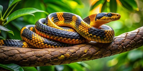 Fototapeta premium Striking Golden and Black Snake Coiled on Branch with Lush Green Foliage in Nature's Habitat