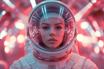 retrofuturistic astronaut in pastel spacesuit transparent bubble helmet retrofitted vintage spacecraft interior whimsical alien planet view