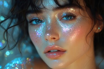 retrofuturistic disco diva young woman in dazzling metallic outfit glitter makeup surrounded by holographic projections neon lights disco ball reflections 80sinspired aesthetic