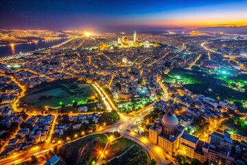 Obraz premium Stunning Aerial View of Israel Illuminated at Night Captured from Space with Vibrant City Lights