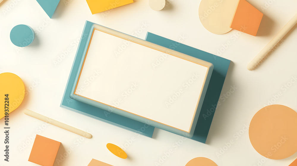 Aufkleber abstract background design with flat geometric shapes and a blank card for text in blue design, beig