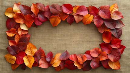 Red and Orange Autumn Leaves Frame on Burlap Background