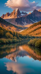 Naklejka premium Snow-capped mountains reflected in the lake