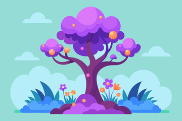 Fantasy tree with flowers purple scenery vector art illustration