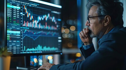 A focused man analyzing financial data on a computer screen at night, surrounded by engaging digital graphs.