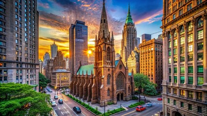 Obraz premium Stunning Architecture of Trinity Church in Broadway, New York City Surrounded by Urban Landscape