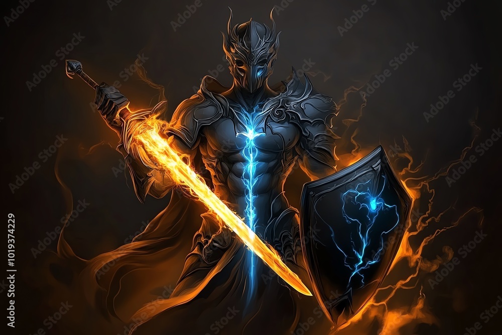 Poster Fantasy scene of a warrior with a sword glowing with light in one hand and a shield of darkness in the other, symbolizing the balance of dualism in battle
