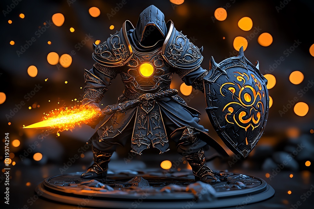 Poster Fantasy scene of a warrior with a sword glowing with light in one hand and a shield of darkness in the other, symbolizing the balance of dualism in battle
