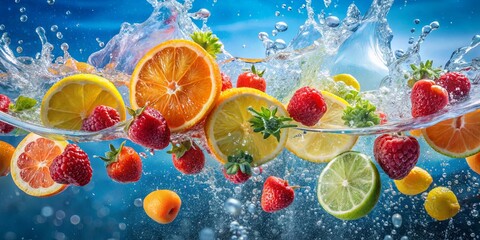 A vibrant explosion of fresh citrus and berries as they plunge into a refreshing pool of water, creating a captivating spectacle of color and texture.