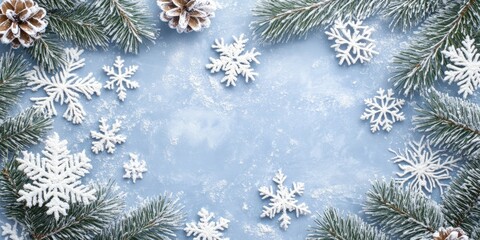 Winter background with pine branches, snowflakes and pine cones on blue background.