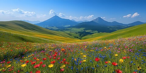 A vibrant meadow of wildflowers explodes with color against the backdrop of rolling green hills and majestic mountain peaks.