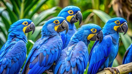 Obraz premium Stunning Blue Parrot Breeds Displaying Vibrant Feathers in Lush Natural Habitat Settings